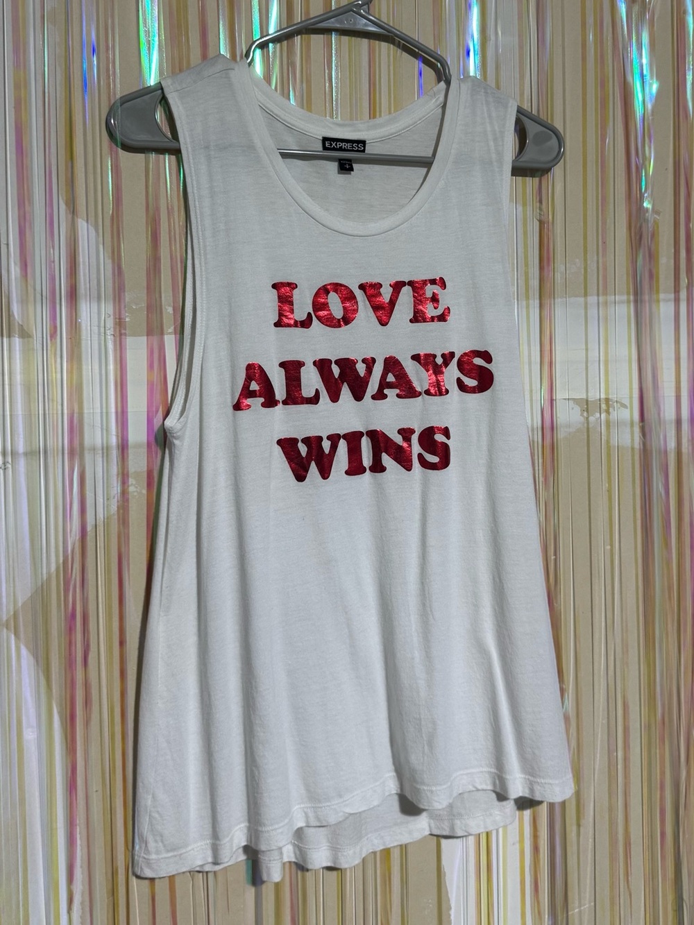 Express White Tank with Red 'Love Always Wins' Text